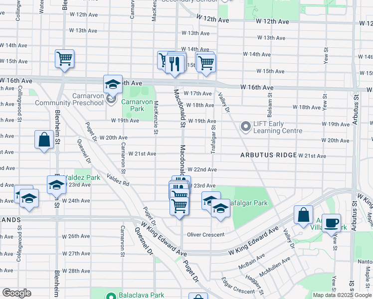 map of restaurants, bars, coffee shops, grocery stores, and more near 2793 West 21st Avenue in Vancouver