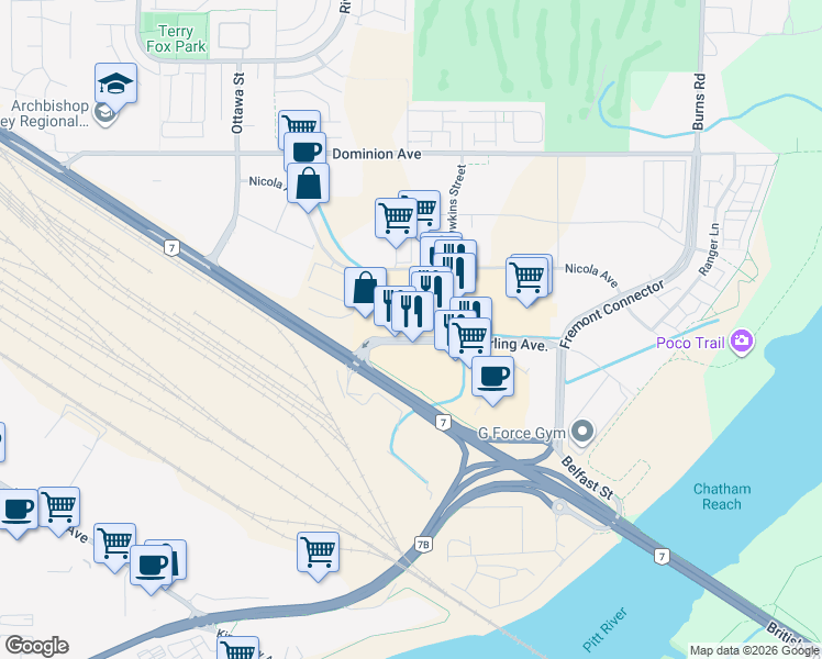 map of restaurants, bars, coffee shops, grocery stores, and more near 2115 Hawkins Street in Port Coquitlam