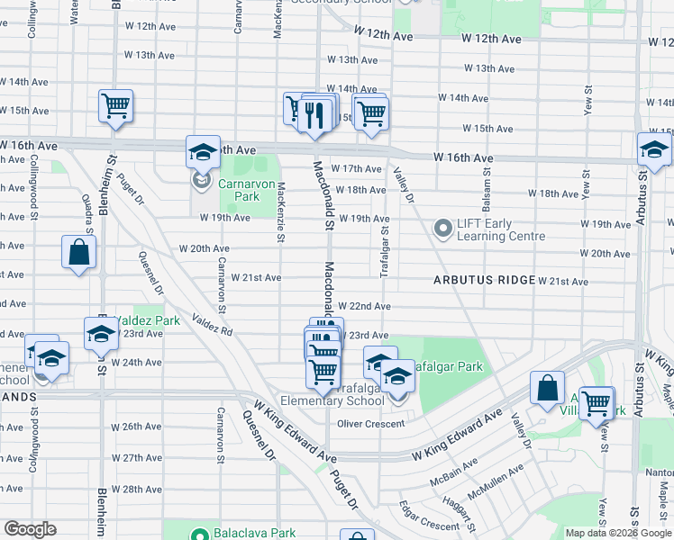 map of restaurants, bars, coffee shops, grocery stores, and more near 2791 West 21st Avenue in Vancouver