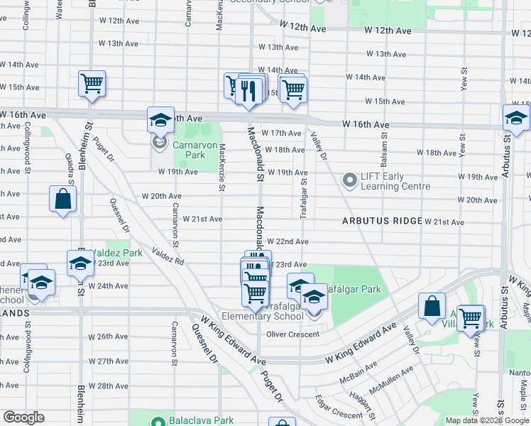 map of restaurants, bars, coffee shops, grocery stores, and more near 2793 West 21st Avenue in Vancouver