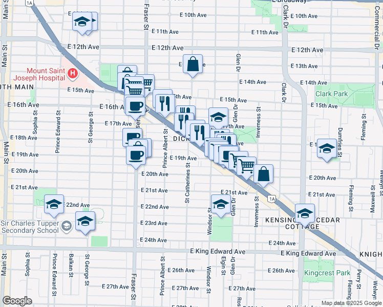 map of restaurants, bars, coffee shops, grocery stores, and more near 3432 Saint Catherines Street in Vancouver