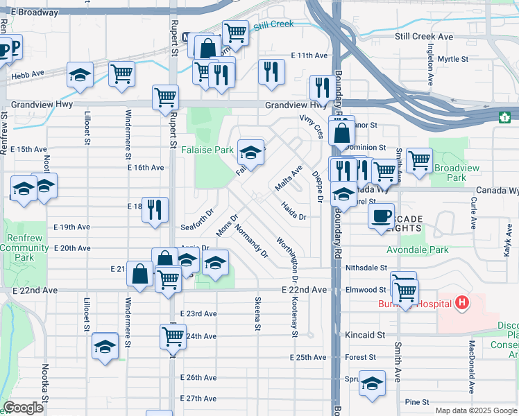 map of restaurants, bars, coffee shops, grocery stores, and more near 2172 E 46th Ave in Vancouver
