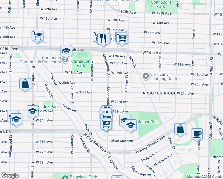 map of restaurants, bars, coffee shops, grocery stores, and more near 2785 West 21st Avenue in Vancouver