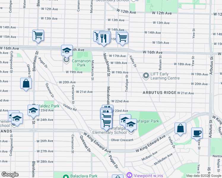 map of restaurants, bars, coffee shops, grocery stores, and more near 2791 West 21st Avenue in Vancouver