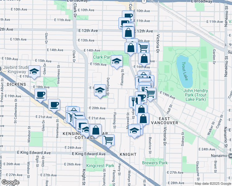 map of restaurants, bars, coffee shops, grocery stores, and more near 3439 Fleming Street in Vancouver