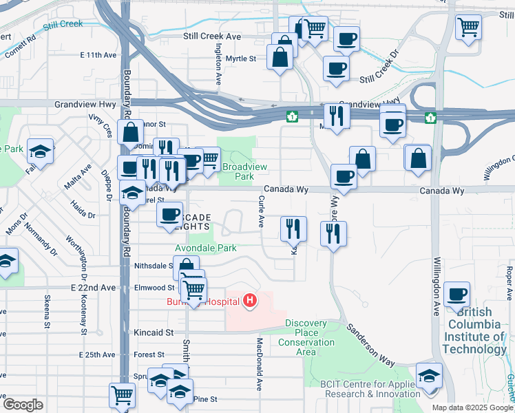 map of restaurants, bars, coffee shops, grocery stores, and more near 3401 Curle Avenue in Burnaby