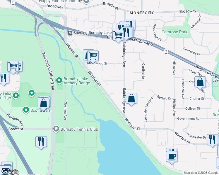 map of restaurants, bars, coffee shops, grocery stores, and more near 7038 Fielding Court in Burnaby