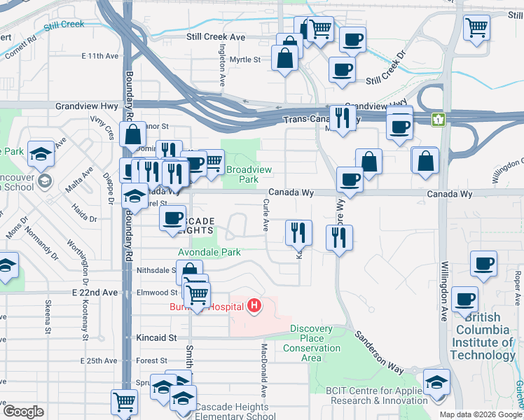map of restaurants, bars, coffee shops, grocery stores, and more near 3401 Curle Avenue in Burnaby