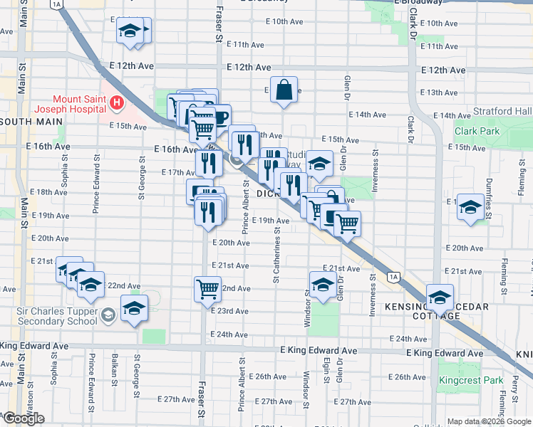 map of restaurants, bars, coffee shops, grocery stores, and more near 851 East 19th Avenue in Vancouver