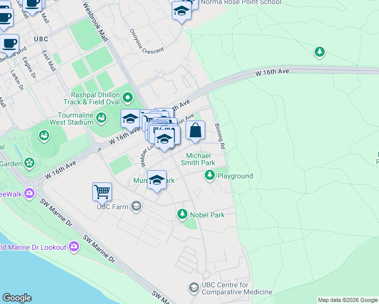 map of restaurants, bars, coffee shops, grocery stores, and more near 5788 Birney Avenue in University Endowment Lands