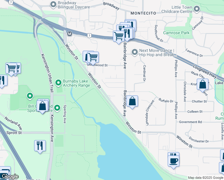 map of restaurants, bars, coffee shops, grocery stores, and more near 7044 Fielding Court in Burnaby