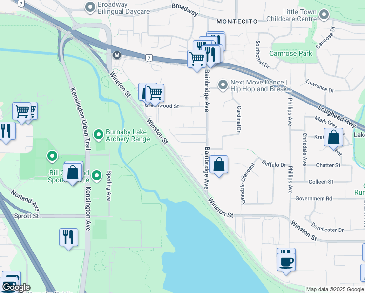 map of restaurants, bars, coffee shops, grocery stores, and more near 7038 Fielding Court in Burnaby