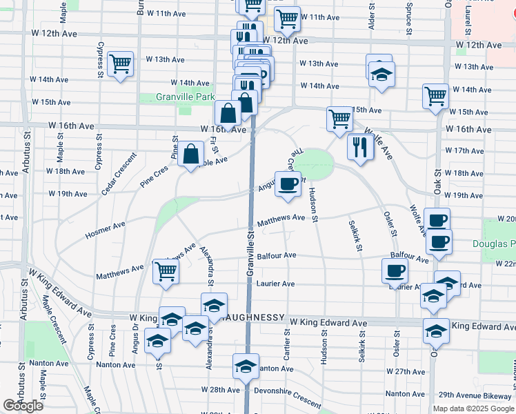 map of restaurants, bars, coffee shops, grocery stores, and more near 1445 Marpole Avenue in Vancouver