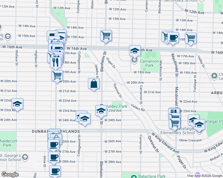 map of restaurants, bars, coffee shops, grocery stores, and more near 3253 West 21st Avenue in Vancouver
