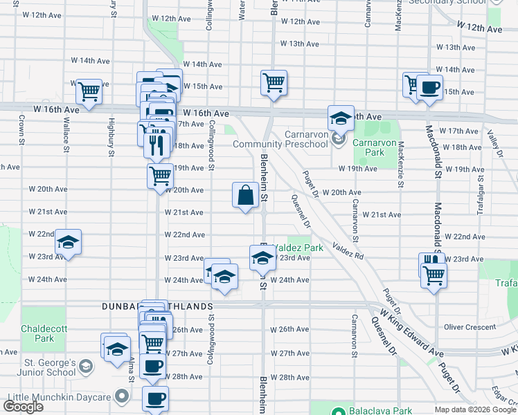 map of restaurants, bars, coffee shops, grocery stores, and more near 3675 Blenheim Street in Vancouver
