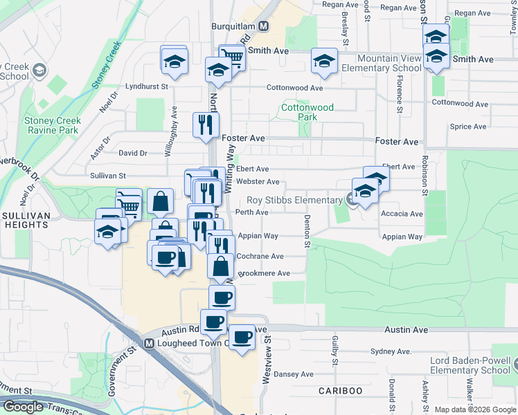 map of restaurants, bars, coffee shops, grocery stores, and more near 529 Perth Avenue in Coquitlam