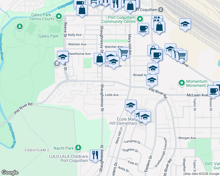 map of restaurants, bars, coffee shops, grocery stores, and more near 2270 Irvine Avenue in Port Coquitlam