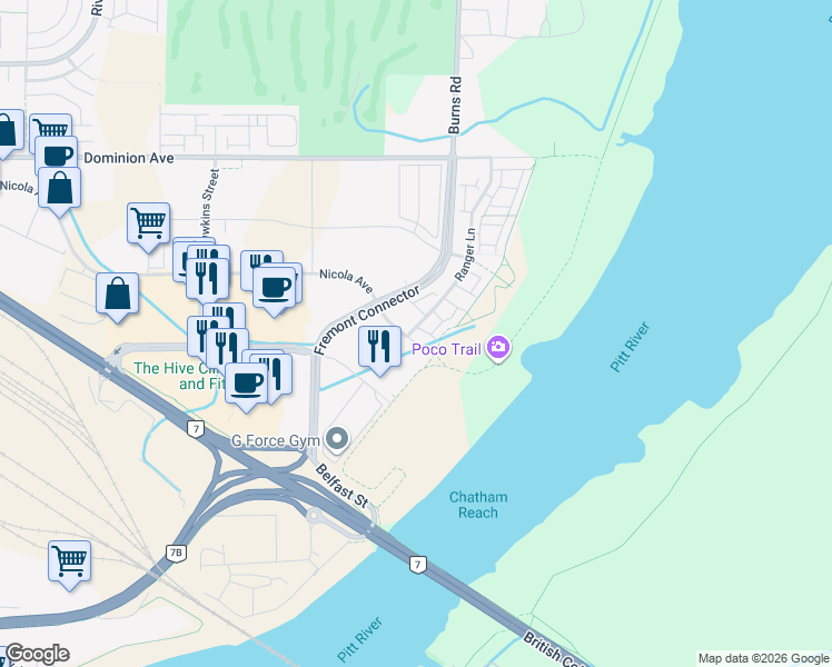 map of restaurants, bars, coffee shops, grocery stores, and more near in Port Coquitlam