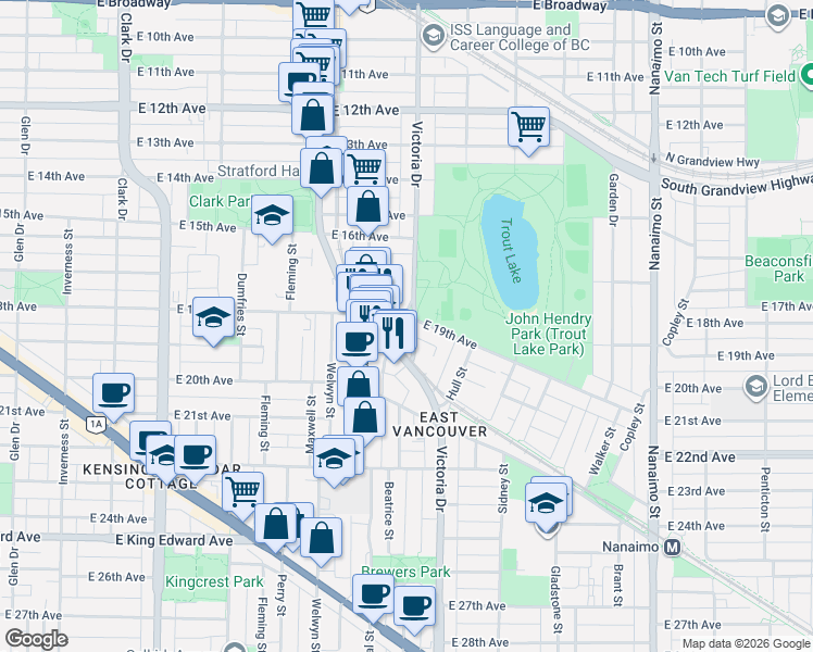 map of restaurants, bars, coffee shops, grocery stores, and more near 3455 Victoria Drive in Vancouver
