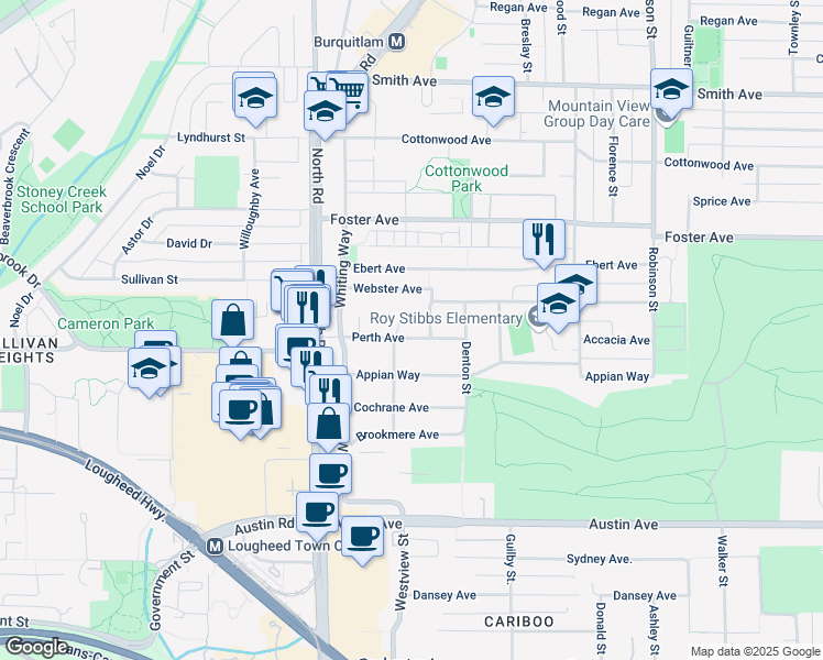 map of restaurants, bars, coffee shops, grocery stores, and more near in Coquitlam
