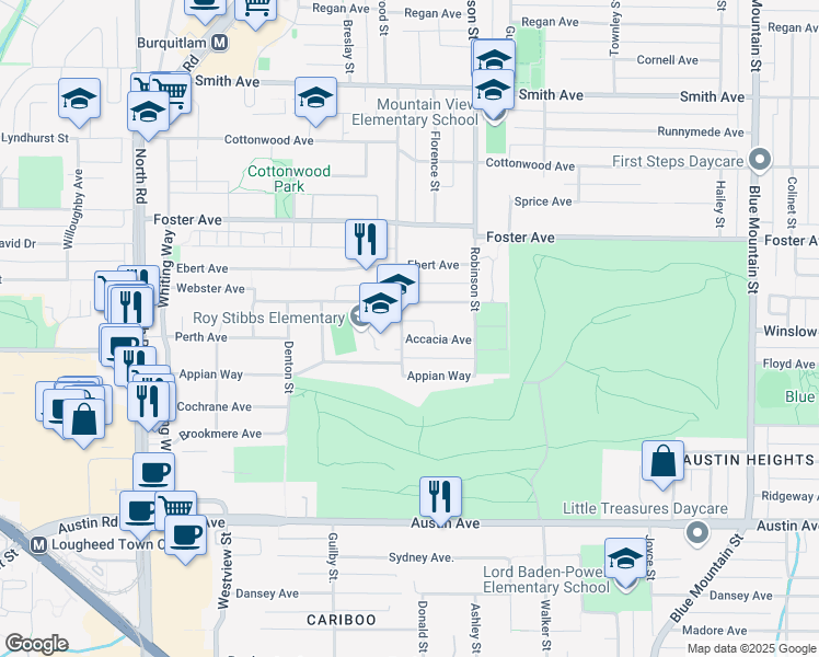 map of restaurants, bars, coffee shops, grocery stores, and more near 695 Accacia Avenue in Coquitlam