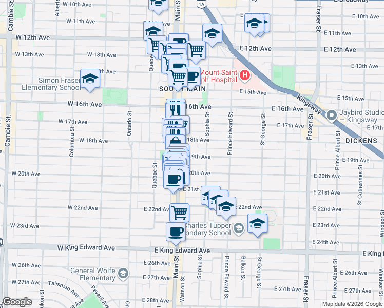 map of restaurants, bars, coffee shops, grocery stores, and more near 258 East 19th Avenue in Vancouver