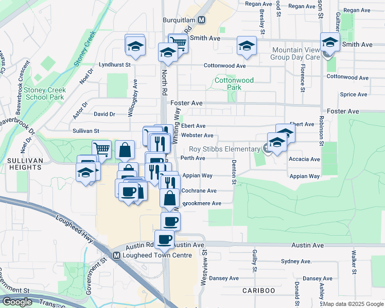 map of restaurants, bars, coffee shops, grocery stores, and more near 525 Perth Avenue in Coquitlam