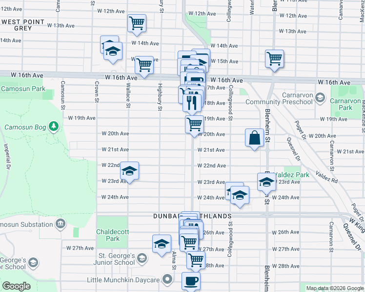map of restaurants, bars, coffee shops, grocery stores, and more near 3635 West 21st Avenue in Vancouver