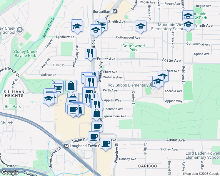 map of restaurants, bars, coffee shops, grocery stores, and more near 525 Perth Avenue in Coquitlam