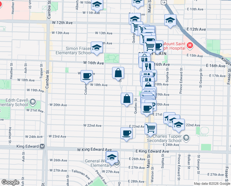 map of restaurants, bars, coffee shops, grocery stores, and more near 33 West 19th Avenue in Vancouver