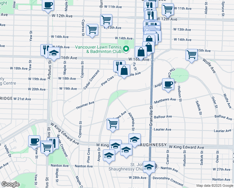 map of restaurants, bars, coffee shops, grocery stores, and more near 3600 Angus Drive in Vancouver