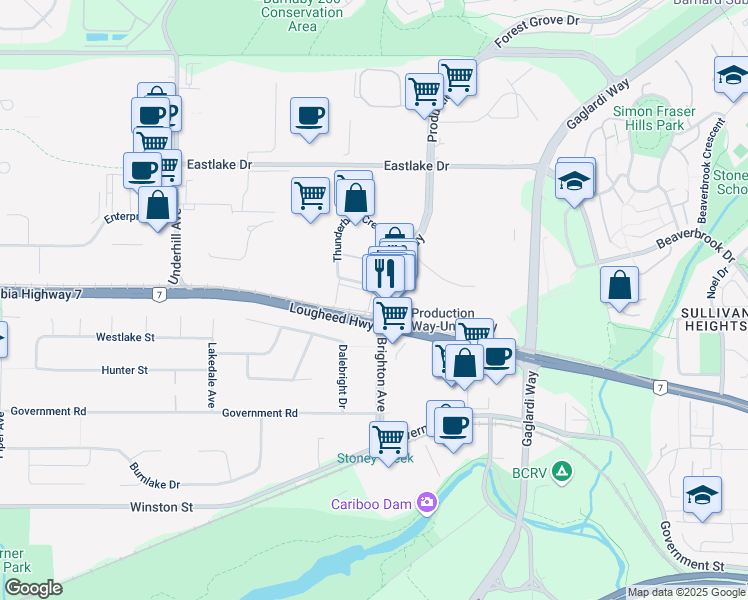 map of restaurants, bars, coffee shops, grocery stores, and more near 3281 Production Way in Burnaby