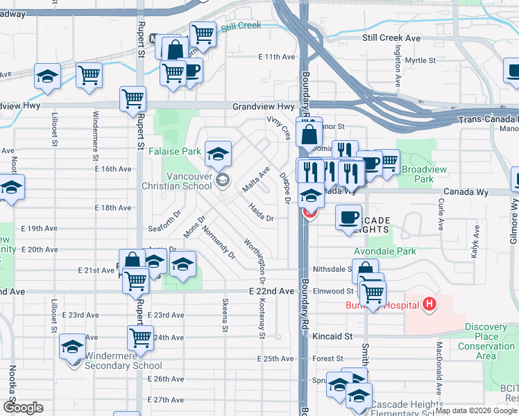 map of restaurants, bars, coffee shops, grocery stores, and more near in Vancouver