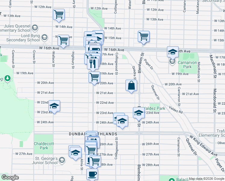 map of restaurants, bars, coffee shops, grocery stores, and more near 3511 West 21st Avenue in Vancouver
