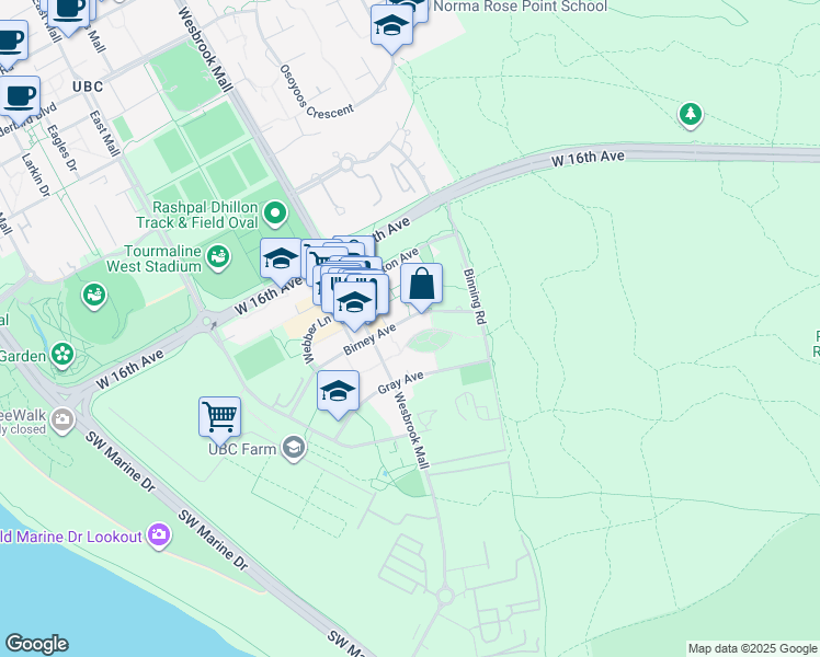 map of restaurants, bars, coffee shops, grocery stores, and more near 5788 Birney Avenue in Vancouver