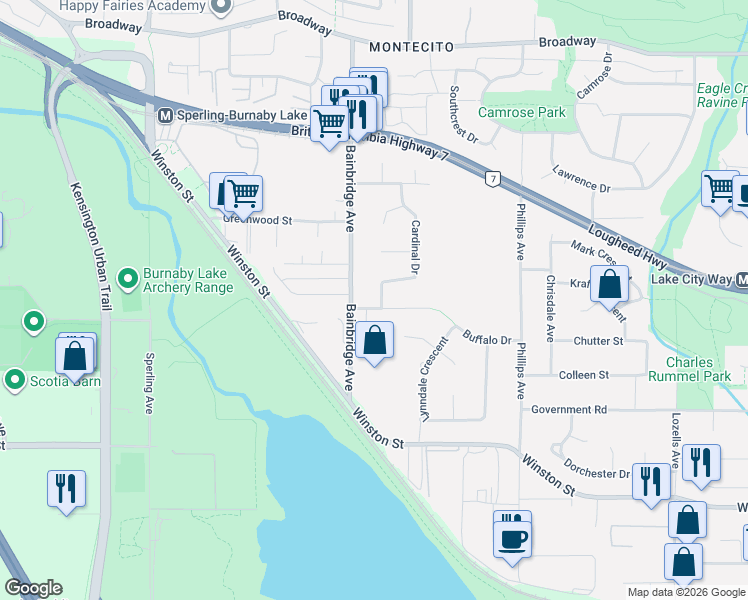 map of restaurants, bars, coffee shops, grocery stores, and more near 7129 Buffalo Street in Burnaby
