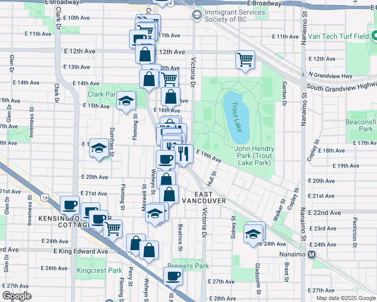 map of restaurants, bars, coffee shops, grocery stores, and more near in Vancouver