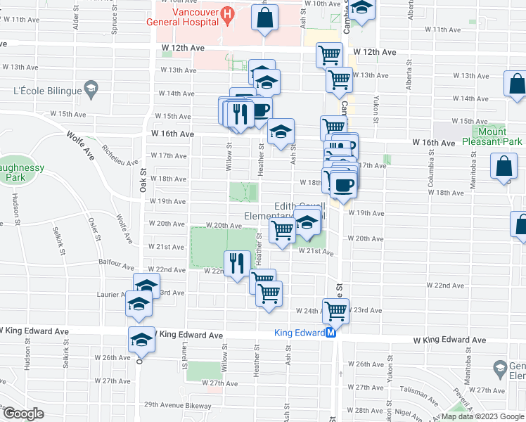 map of restaurants, bars, coffee shops, grocery stores, and more near 698 West 19th Avenue in Vancouver