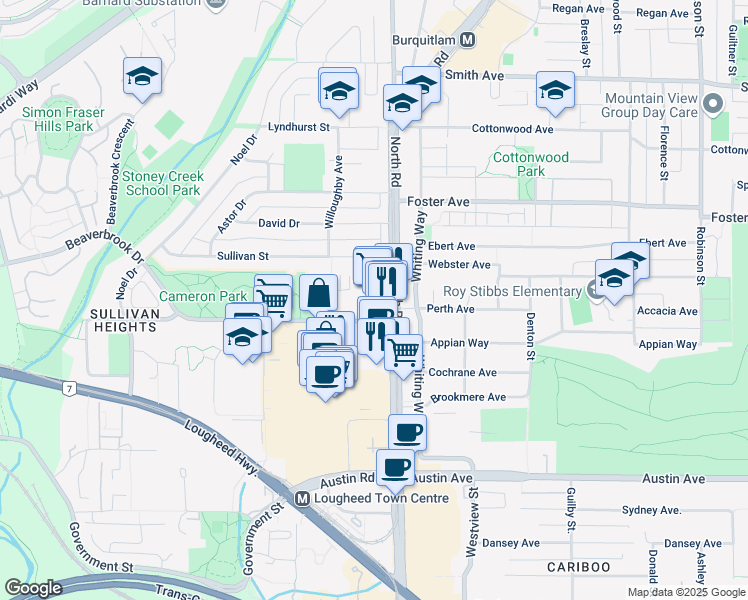 map of restaurants, bars, coffee shops, grocery stores, and more near 3355 North Road in Burnaby