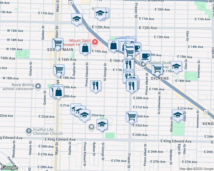 map of restaurants, bars, coffee shops, grocery stores, and more near 511 East 19th Avenue in Vancouver