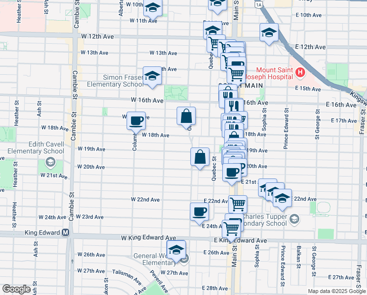 map of restaurants, bars, coffee shops, grocery stores, and more near 27 West 19th Avenue in Vancouver