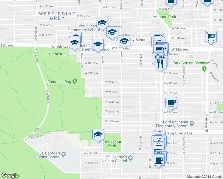 map of restaurants, bars, coffee shops, grocery stores, and more near 3953 West 21st Avenue in Vancouver
