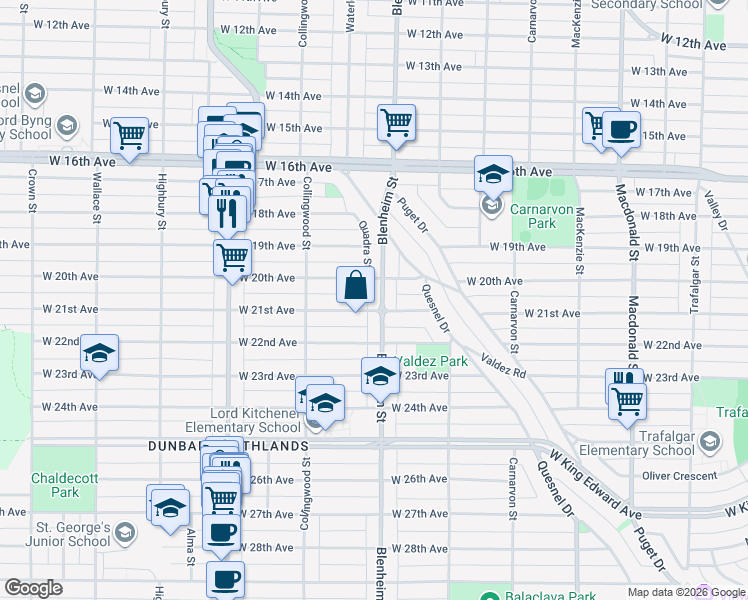 map of restaurants, bars, coffee shops, grocery stores, and more near 3661 Blenheim Street in Vancouver