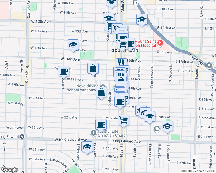 map of restaurants, bars, coffee shops, grocery stores, and more near 3477 Quebec Street in Vancouver