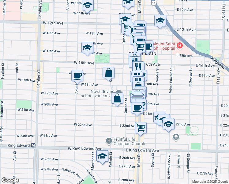 map of restaurants, bars, coffee shops, grocery stores, and more near 3468 Ontario Street in Vancouver