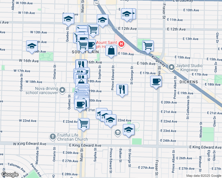 map of restaurants, bars, coffee shops, grocery stores, and more near 3491 Prince Edward Street in Vancouver