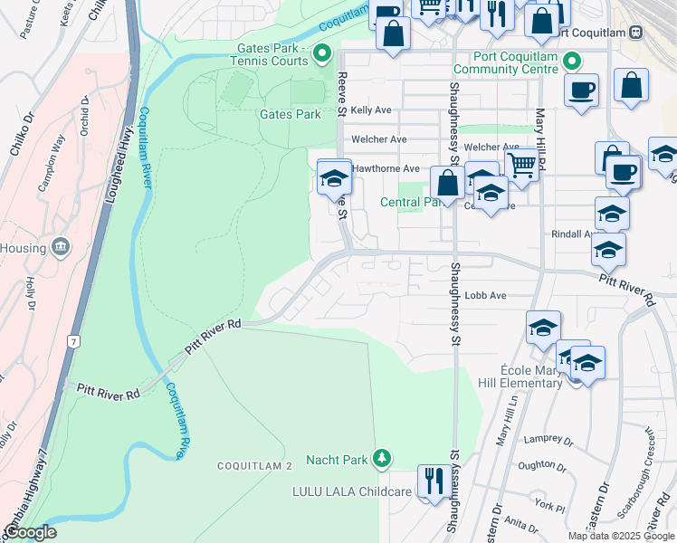 map of restaurants, bars, coffee shops, grocery stores, and more near 2488 Pitt River Road in Port Coquitlam