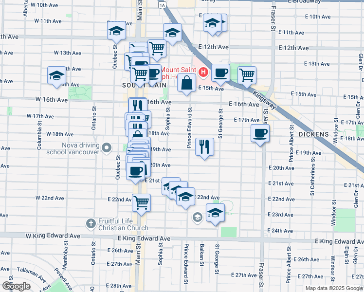 map of restaurants, bars, coffee shops, grocery stores, and more near 351 East 19th Avenue in Vancouver