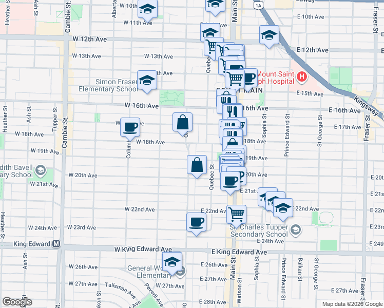 map of restaurants, bars, coffee shops, grocery stores, and more near 3468 Ontario Street in Vancouver