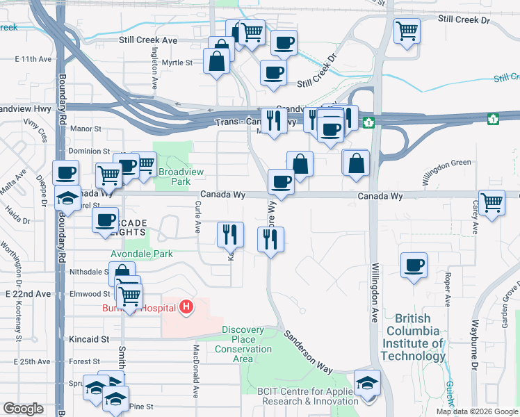 map of restaurants, bars, coffee shops, grocery stores, and more near 3383 Gilmore Way in Burnaby
